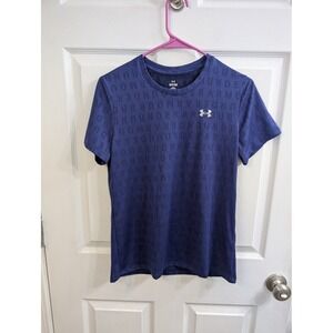 Under Armour T-Shirt Womens Blue Loose Fit All Over Logo - Size S